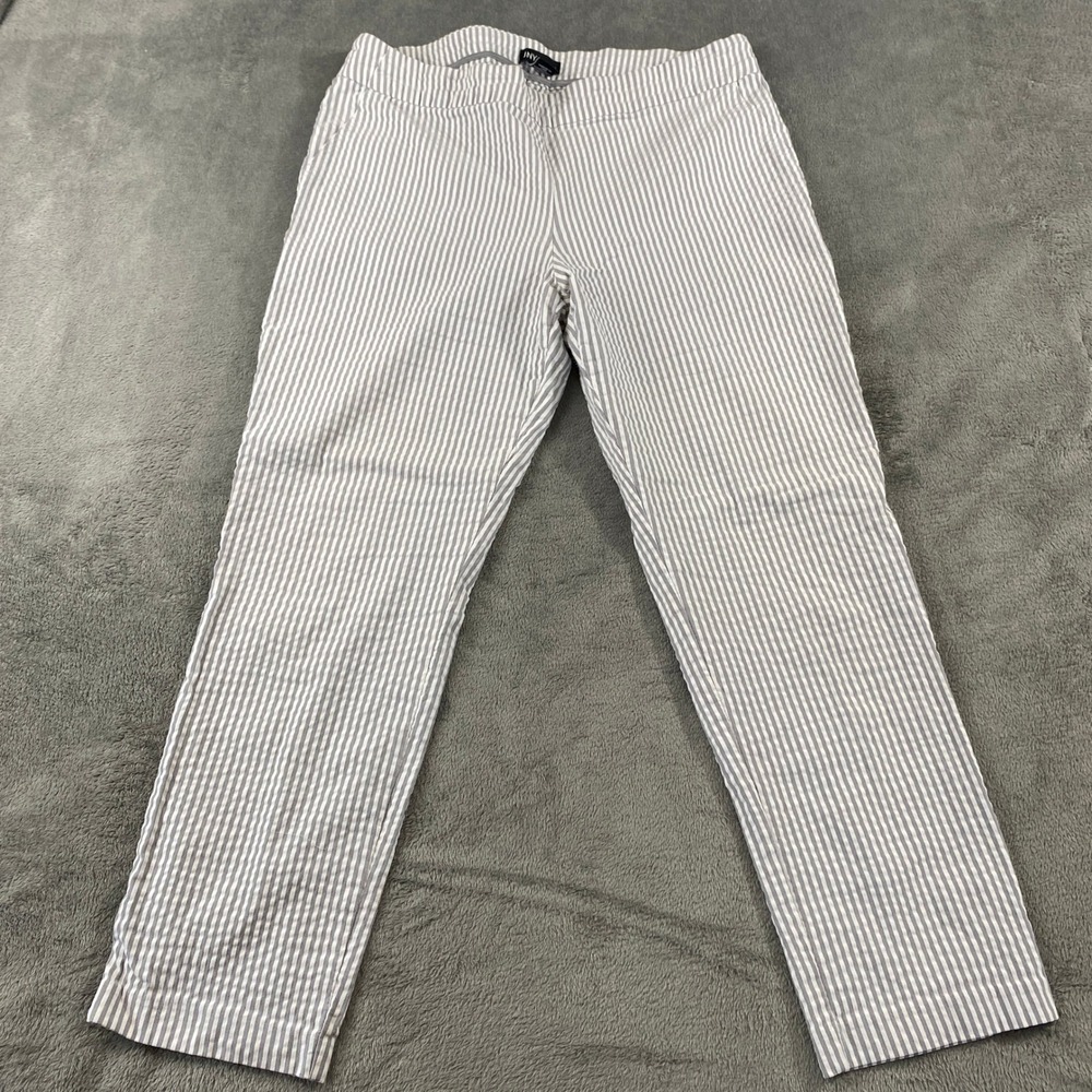 Jones New York Pants Womens 14 Grey White Striped Seersucker Straight Pull On